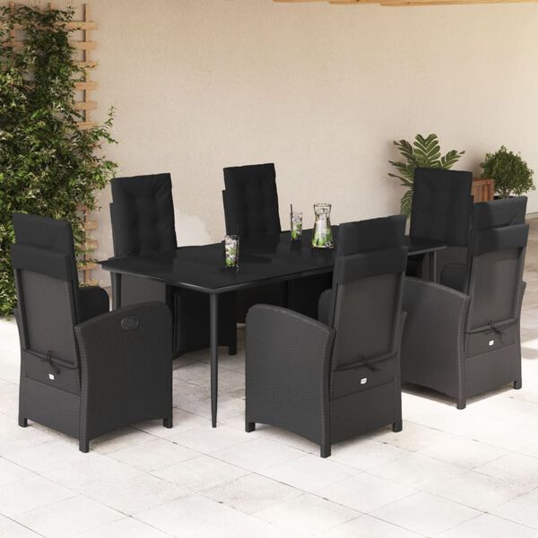 vidaXL Set de comedor de jard&iacute;n 7 pzas y cojines rat&aacute;n sint&eacute;tico negro