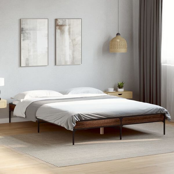 vidaXL Estructura cama madera ingenier&iacute;a metal marr&oacute;n roble 135x190 cm