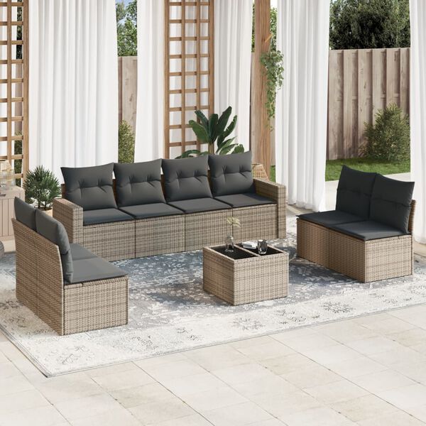 vidaXL Set de muebles de jard&iacute;n 9 pzas y cojines rat&aacute;n sint&eacute;tico gris