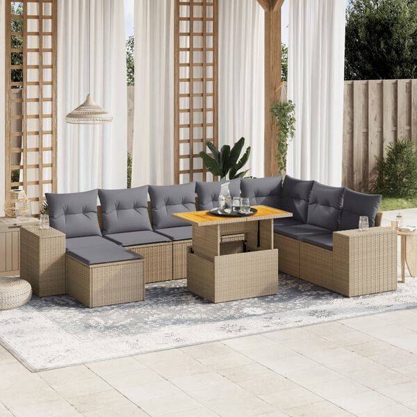 vidaXL Set de sof&aacute;s de jard&iacute;n 9 pzas con cojines rat&aacute;n sint&eacute;tico beige