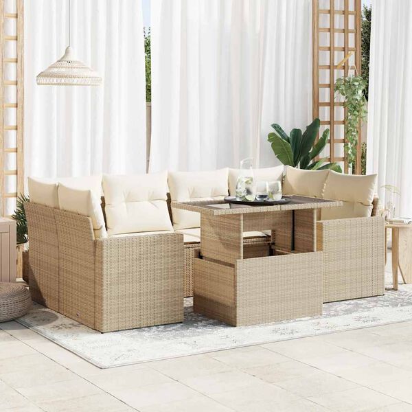 vidaXL Set sof&aacute;s de jard&iacute;n 7 piezas y cojines rat&aacute;n sint&eacute;tico beige