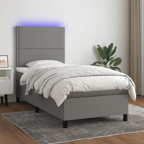 vidaXL Cama box spring colch&oacute;n y luces LED tela gris oscuro 90x190 cm