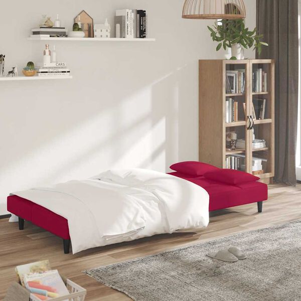 vidaXL Sofá cama de 2 plazas con dos almohadas terciopelo rojo tinto