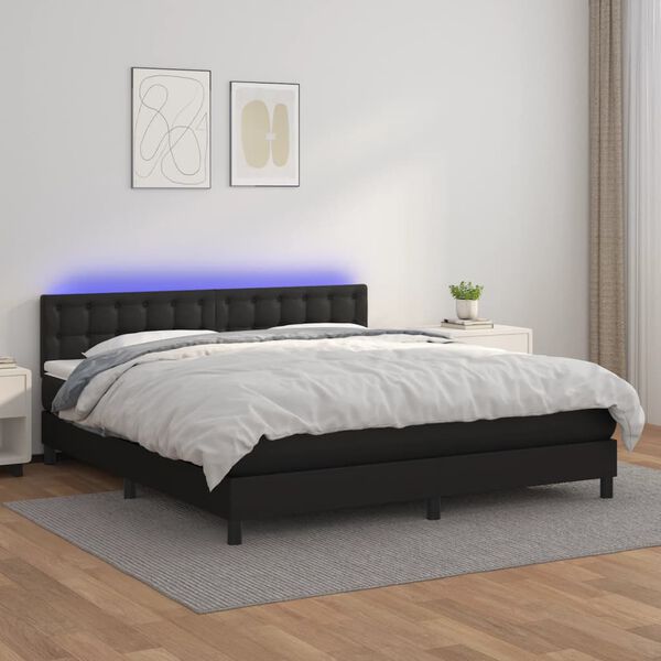 vidaXL Cama box spring colch&oacute;n y LED cuero sint&eacute;tico negro 180x200 cm