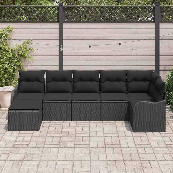 vidaXL Conjunto de sof&aacute; de jard&iacute;n con coj&iacute;n 7 pcs Negro Polirat&aacute;n