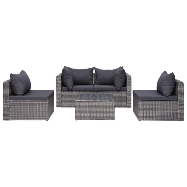 vidaXL Set de muebles de jard&iacute;n y cojines 5 pzas. rat&aacute;n sint&eacute;tico gris