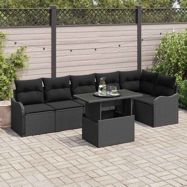 vidaXL Conjunto de sofá de jardín con cojín 7 pcs Negro Poliratán