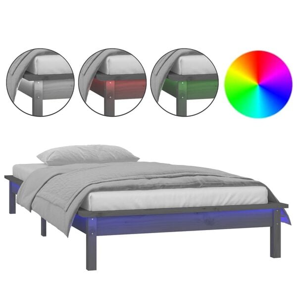 vidaXL Estructura de cama con LED madera maciza gris 90x190 cm