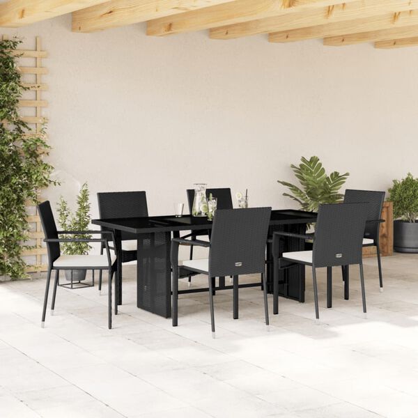 vidaXL Set de comedor de jard&iacute;n 7 pzas y cojines rat&aacute;n sint&eacute;tico negro