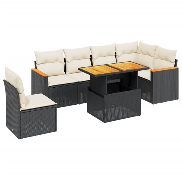 vidaXL Set de comedor de jard&iacute;n 7 pzas y cojines rat&aacute;n sint&eacute;tico negro