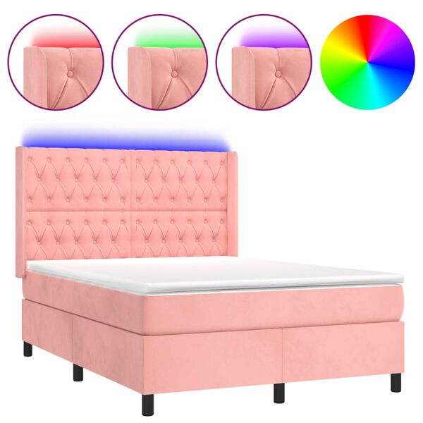 vidaXL Cama box spring colch&oacute;n y LED terciopelo rosa 140x190 cm