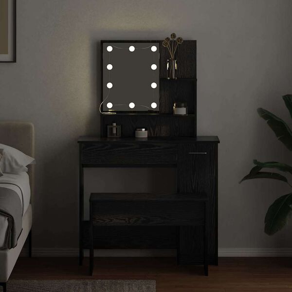 vidaXL Juego de mesa de tocador LED con caj&oacute;n 2 pcs Roble Negro