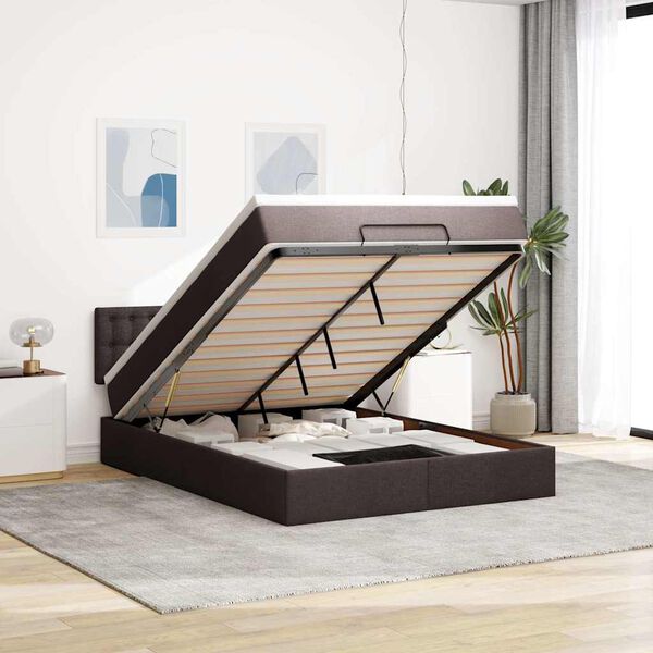 vidaXL Cama otomana con colch&oacute;n LED marr&oacute;n oscuro 140x190 cm tela