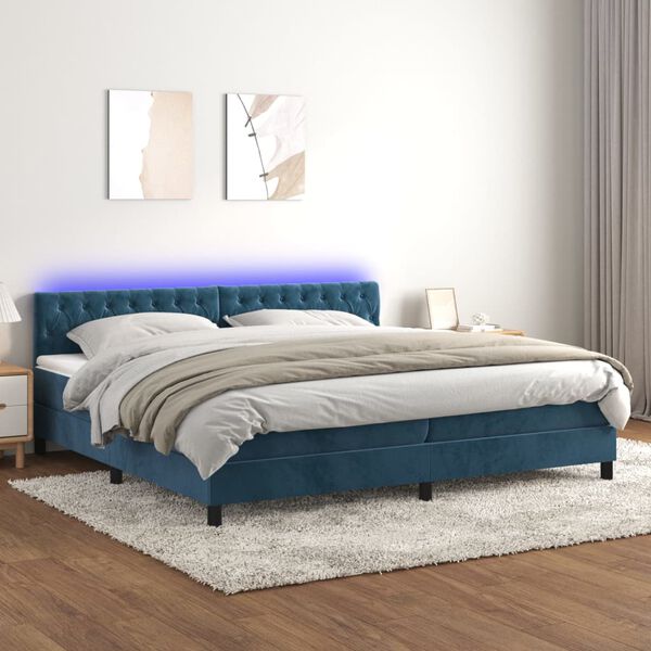 vidaXL Cama box spring colch&oacute;n y LED terciopelo azul oscuro 200x200 cm