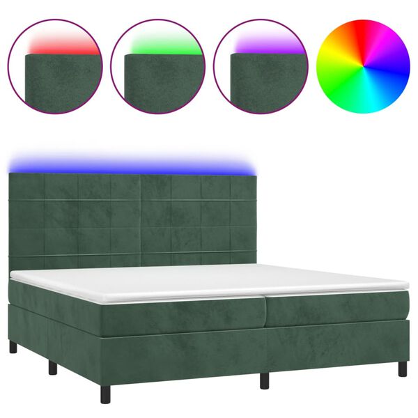 vidaXL Cama box spring colch&oacute;n y LED terciopelo verde oscuro 200x200cm