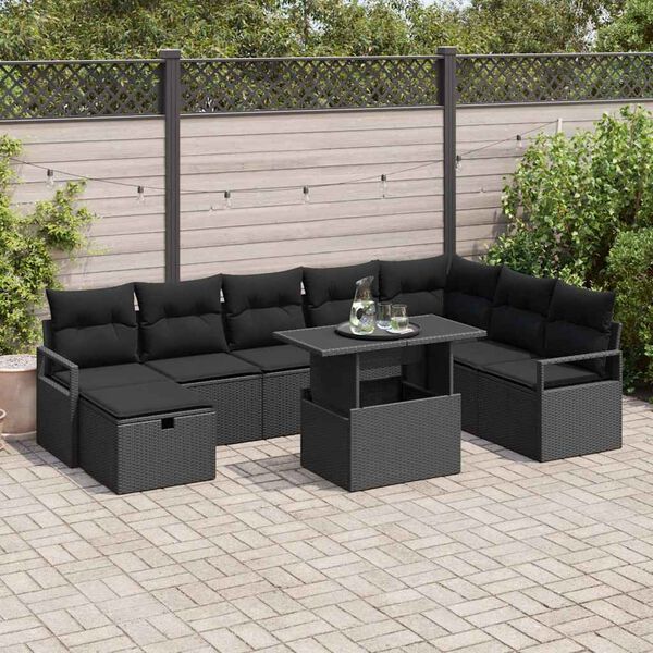 vidaXL Conjunto de sof&aacute; de jard&iacute;n con coj&iacute;n 9 pcs Negro Polirat&aacute;n