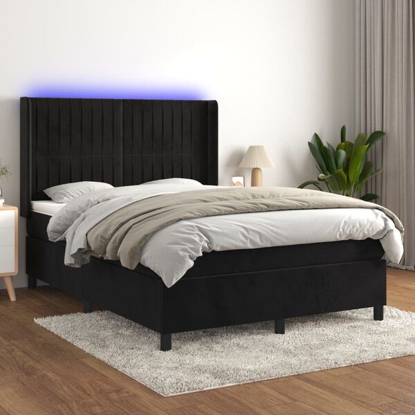 vidaXL Cama box spring colch&oacute;n y LED terciopelo negro 140x190 cm
