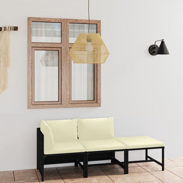 vidaXL Set de muebles de jard&iacute;n 3 pzas y cojines rat&aacute;n sint&eacute;tico negro