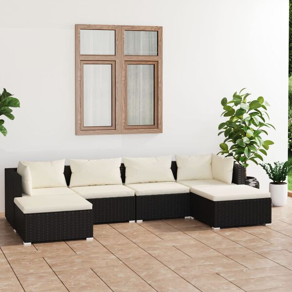 vidaXL Set de muebles de jard&iacute;n 6 pzas y cojines rat&aacute;n sint&eacute;tico negro
