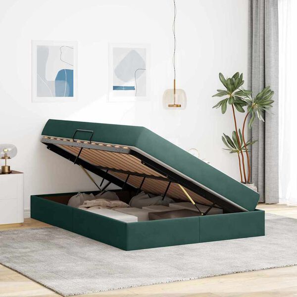 vidaXL Cama con almacenamiento y colchón Verde oscuro 140 x 190 cm