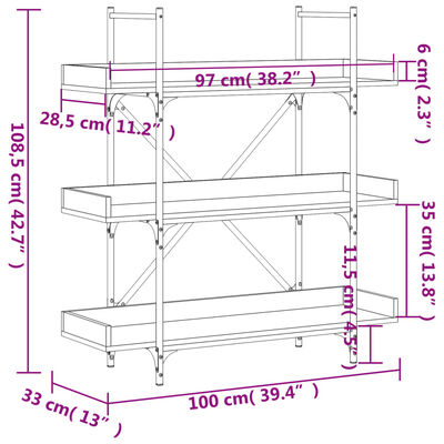 vidaXL Librería de 3 estantes madera ingeniería negro 100x33x108,5 cm