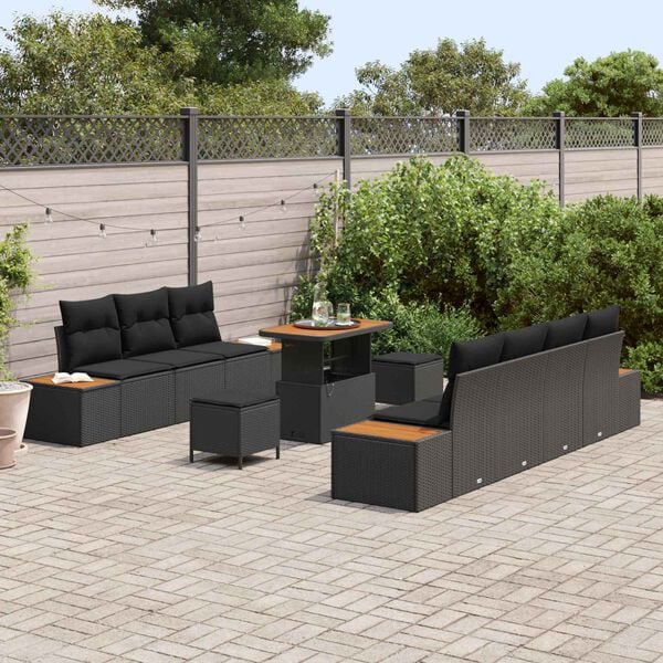 vidaXL Conjunto de sof&aacute; de jard&iacute;n con coj&iacute;n 10 pcs Negro Polirat&aacute;n