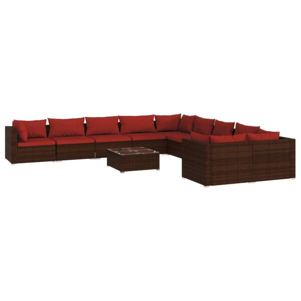 vidaXL Set muebles de jard&iacute;n 11 piezas cojines rat&aacute;n sint&eacute;tico marr&oacute;n