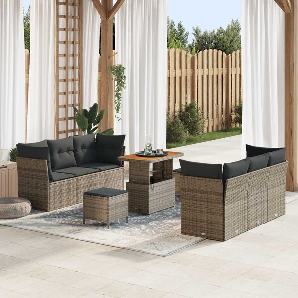 vidaXL Conjunto de sof&aacute; de jard&iacute;n 9 pcs Gris rat&aacute;n sint&eacute;tico
