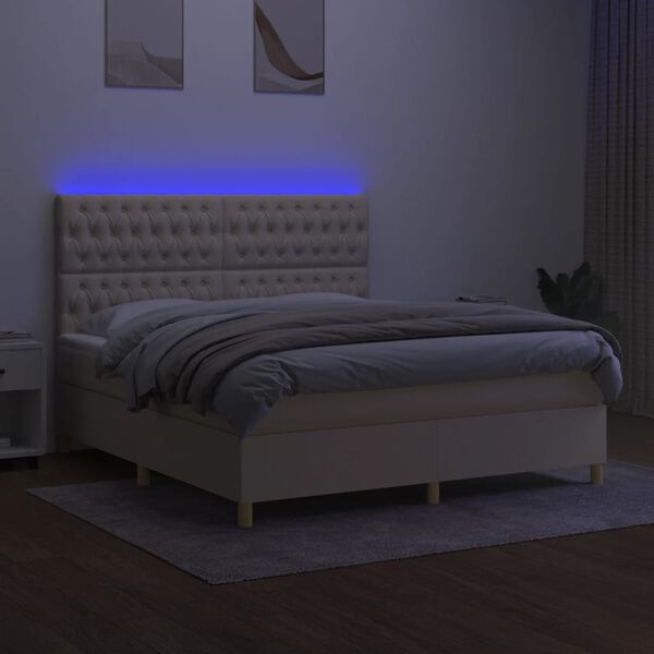 vidaXL Cama box spring colch&oacute;n y luces LED tela crema 180x200 cm
