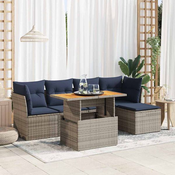 vidaXL Set de muebles de jard&iacute;n 6 pzas y cojines rat&aacute;n sint&eacute;tico gris