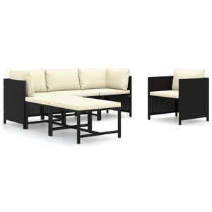 vidaXL Set de muebles de jard&iacute;n 6 pzas y cojines rat&aacute;n sint&eacute;tico negro
