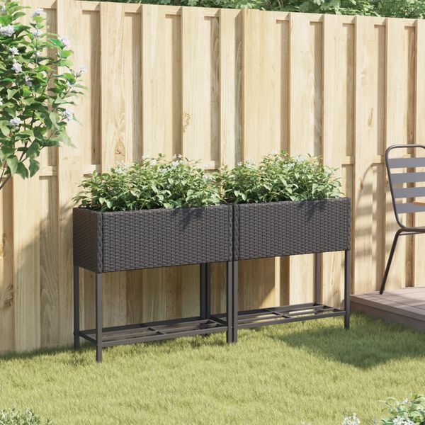 vidaXL Jardineras con estante 2 uds rat&aacute;n sint&eacute;tico negro 70x28x70 cm