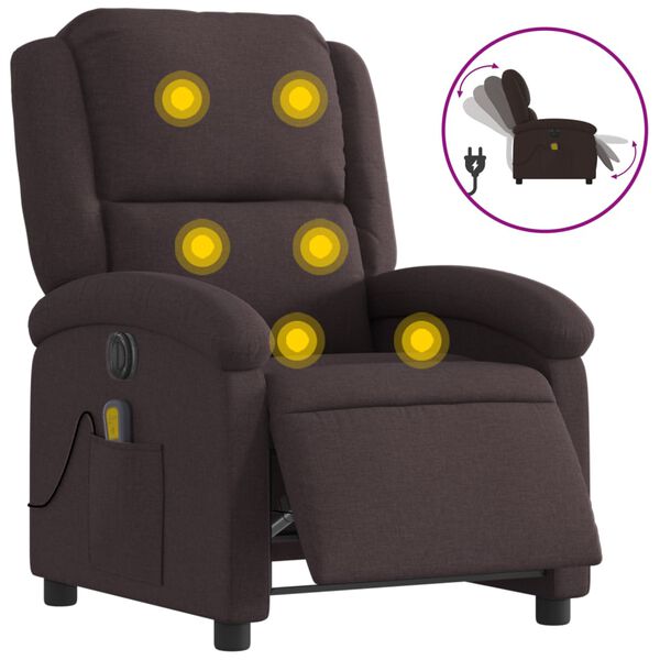 vidaXL Sill&oacute;n reclinable de masaje el&eacute;ctrico tela marr&oacute;n oscuro