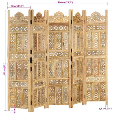 vidaXL Biombo 5 paneles tallado a mano madera maciza mango 200x165 cm