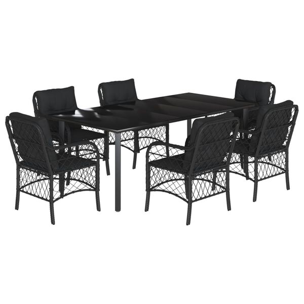 vidaXL Set de comedor de jard&iacute;n 7 pzas y cojines rat&aacute;n sint&eacute;tico negro