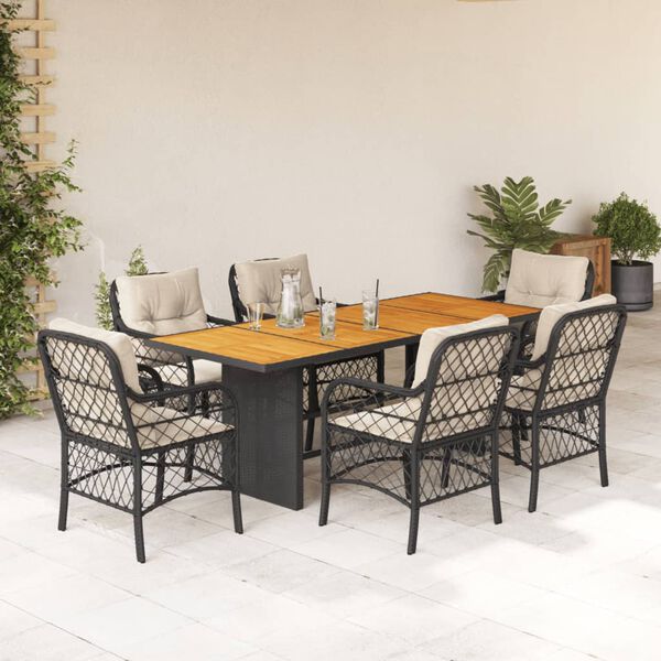 vidaXL Set de comedor de jard&iacute;n 7 pzas y cojines rat&aacute;n sint&eacute;tico negro