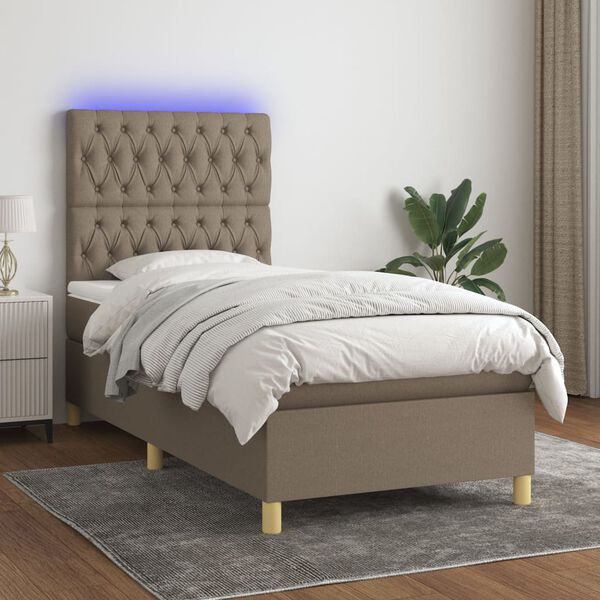 vidaXL Cama box spring colch&oacute;n y luces LED tela gris taupe 90x190 cm