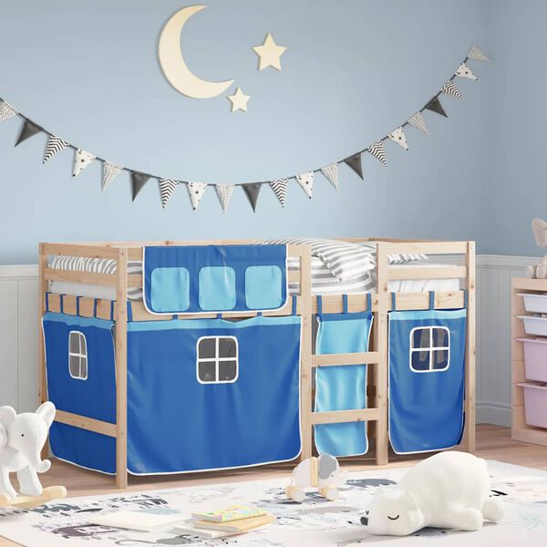 vidaXL Cama alta para ni&ntilde;os con cortinas madera pino azul 90x200 cm