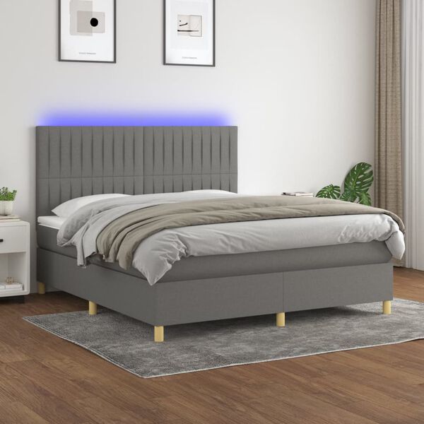 vidaXL Cama box spring colch&oacute;n y luces LED tela gris oscuro 160x200 cm