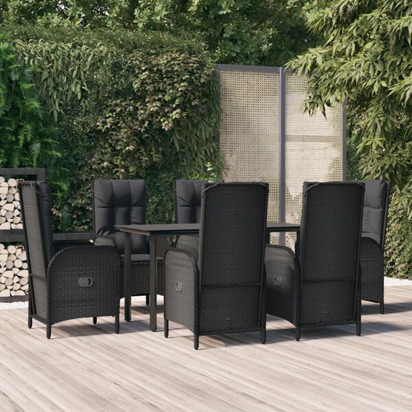 vidaXL Set de comedor de jard&iacute;n 7 pzas y cojines rat&aacute;n sint&eacute;tico negro