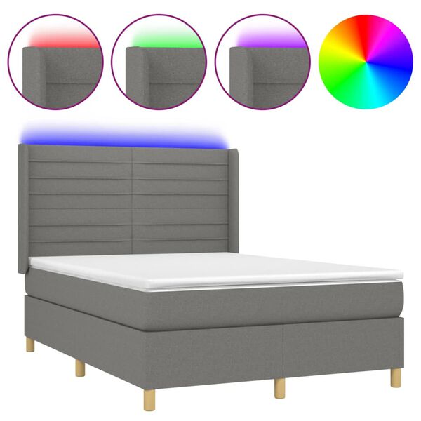 vidaXL Cama box spring colch&oacute;n y luces LED tela gris oscuro 140x190 cm