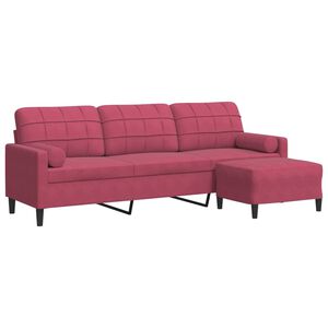 vidaXL Sof&aacute; de 3 plazas con taburete de terciopelo rojo tinto 210 cm