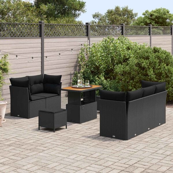 vidaXL Conjunto de sof&aacute; de jard&iacute;n con coj&iacute;n 8 pcs Negro