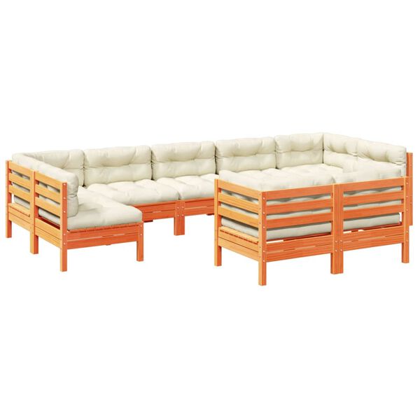vidaXL Set de sofás jardín 9 pzas con cojines madera pino marrón cera