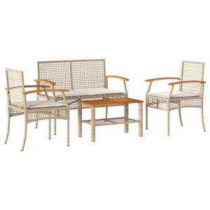 vidaXL Set muebles de jard&iacute;n 4 piezas y cojines rat&aacute;n sint&eacute;tico beige
