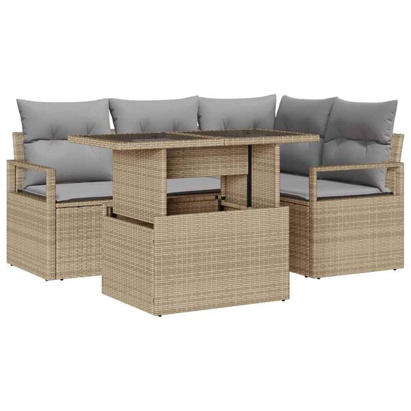 vidaXL Conjunto de sof&aacute; de jard&iacute;n 5 pcs Beige Polirat&aacute;n
