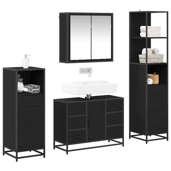 vidaXL Juego de muebles de ba&ntilde;o 4 pcs Roble Negro Madera de ingenier&iacute;a