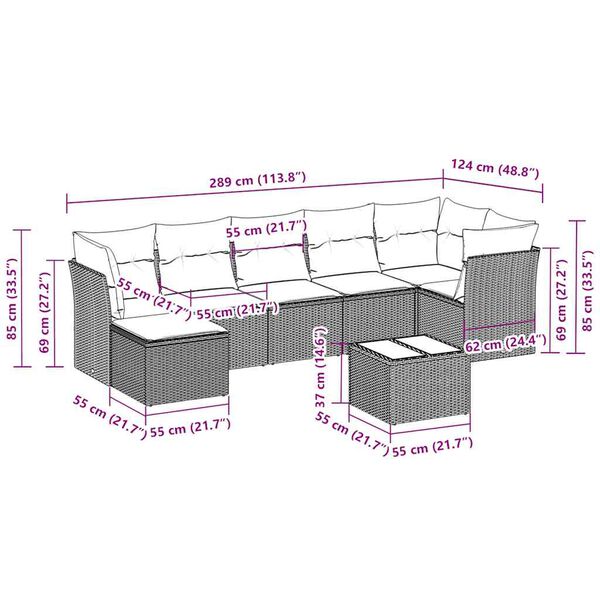vidaXL Set de sof&aacute;s de jard&iacute;n 8 pzas y cojines rat&aacute;n sint&eacute;tico gris