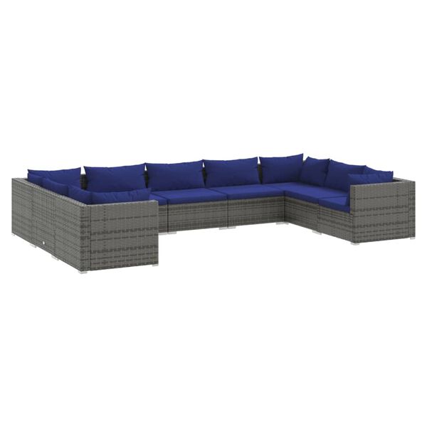 vidaXL Set de muebles de jard&iacute;n 9 pzas y cojines rat&aacute;n sint&eacute;tico gris