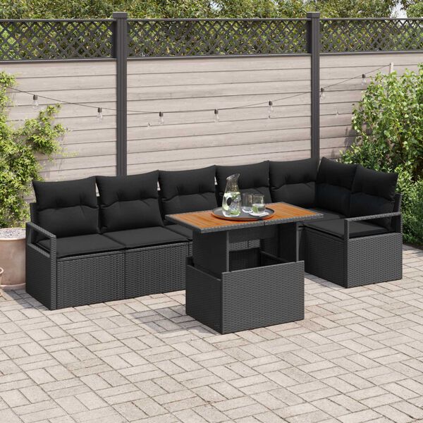 vidaXL Conjunto de sof&aacute; de jard&iacute;n 7 pcs Negro Polirat&aacute;n